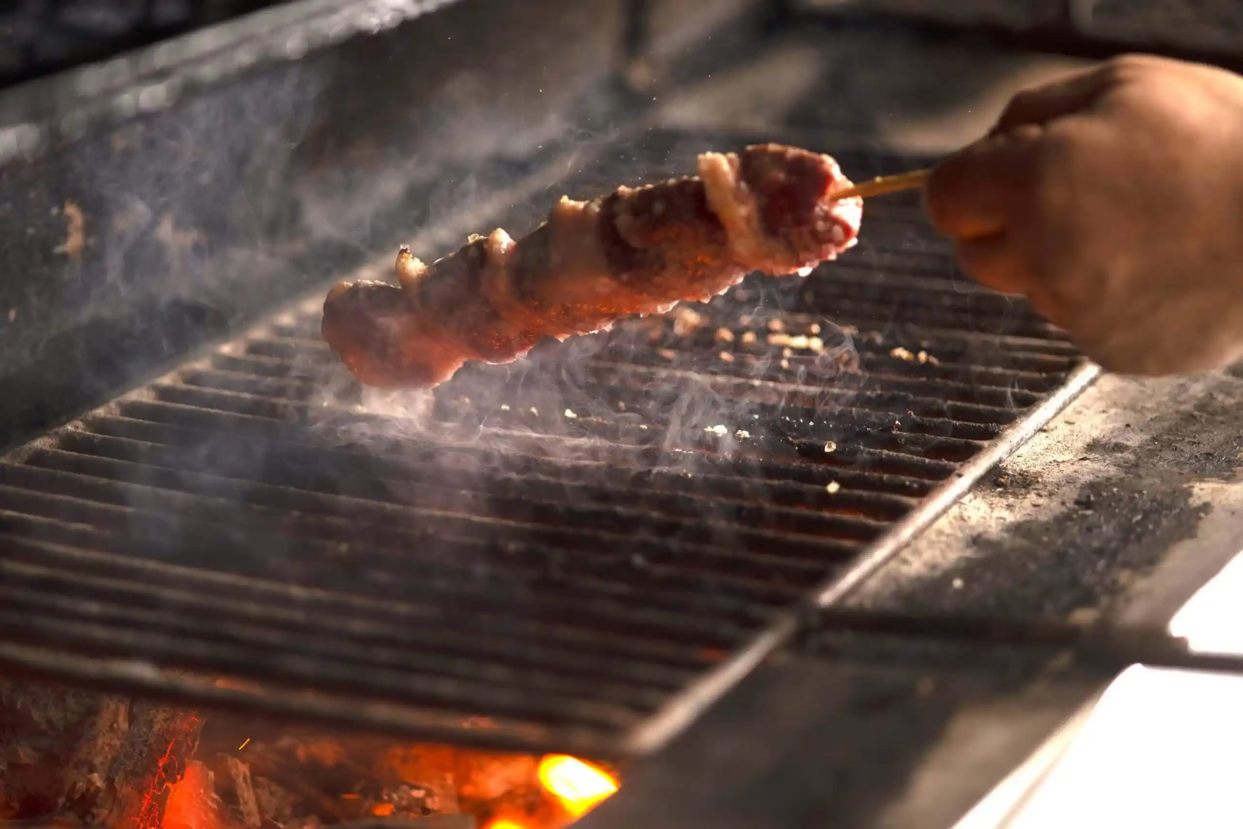 Espeto de carne assando na grelha.